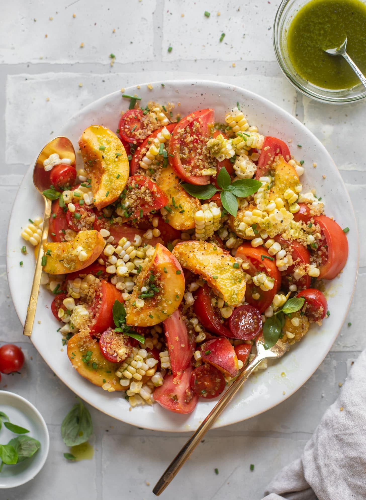 Sweet Corn, Peach and Tomato Salad with Crispy Quinoa
