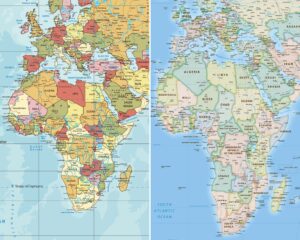 Σύγκριση χαρτών απο το equal-earth.com. Αριστερά η Αφρική σε προβολή Μερκατόρ και αριστερά στις πραγματικές αναλογικές διαστάσης από τo equal-earth.com