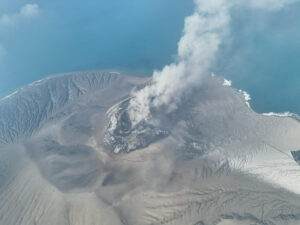A drone view shows Mount Anak Krakatau volcano spewing hot ash during an eruption in South Lampung